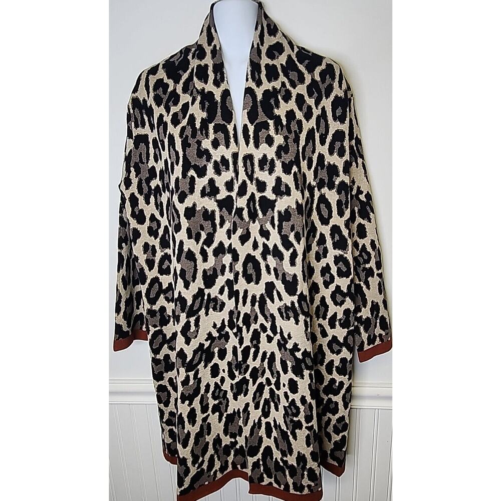 MASAI Denmark Open Front Long Cardigan Sweater Leopard Print L/S Women S-M Thick